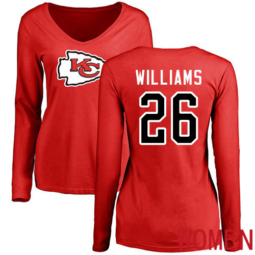 Women Football Kansas City Chiefs #26 Williams Damien Red Name and Number Logo Slim Fit Long Sleeve T-Shirt